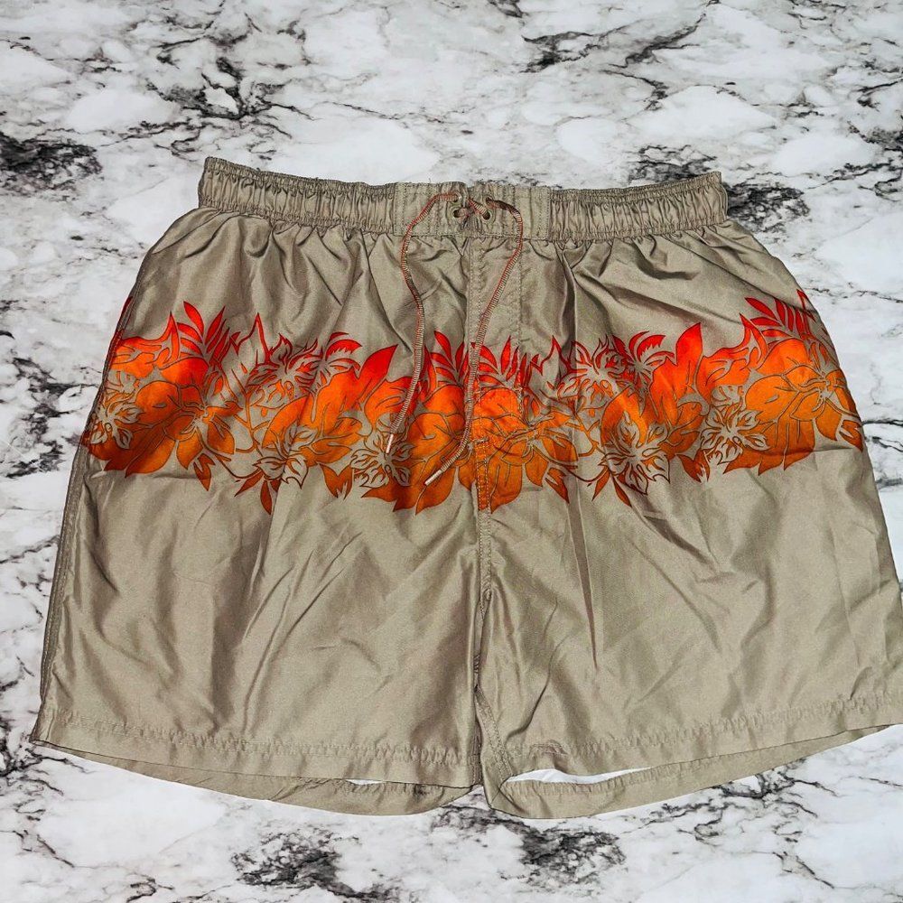 Sand N Sun Men Size L 36-38 Swim Trunks Tan Orange Floral Print Drawstring Liner
